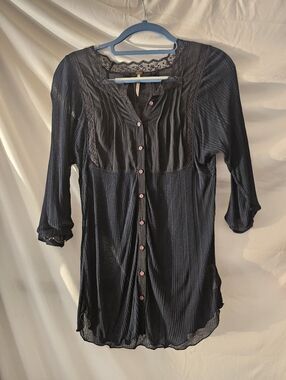 FREE PEOPLE Blouse Sheer 3/4 Sleeve Top Lace Bohemian Festival Party Embroidered